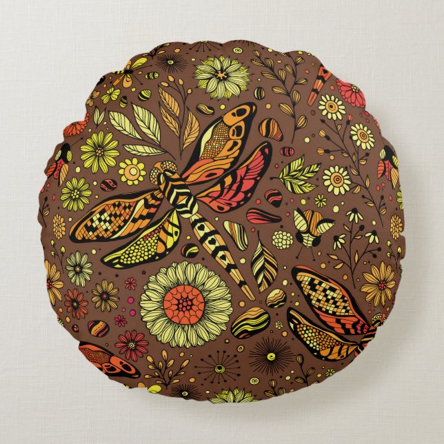 Fly, fly dragonfly on cinnamon brown round pillow (Front)