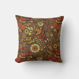 Fly, fly dragonfly on cinnamon brown throw pillow