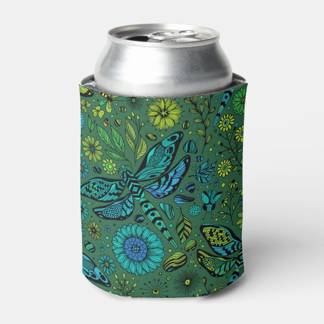 Fly, fly dragonfly on emerald green can cooler (Can Front)
