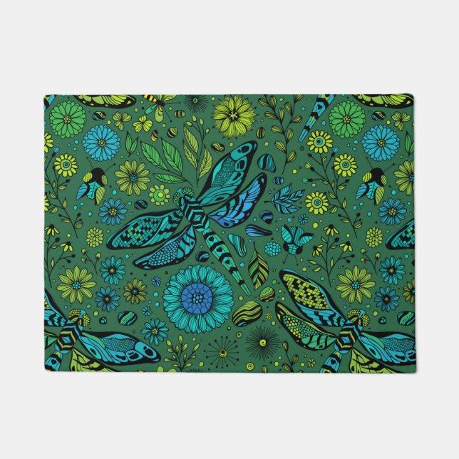 Fly, fly dragonfly on emerald green doormat (Front)
