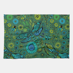 Fly, fly dragonfly on emerald green kitchen towel