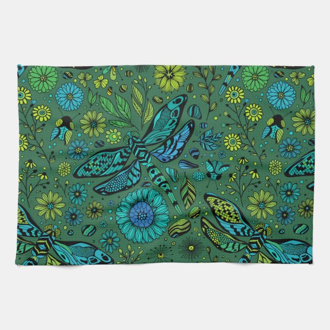 Fly, fly dragonfly on emerald green kitchen towel (Horizontal)