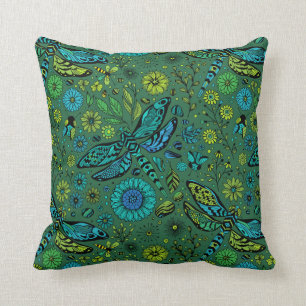 Fly, fly dragonfly on emerald green throw pillow