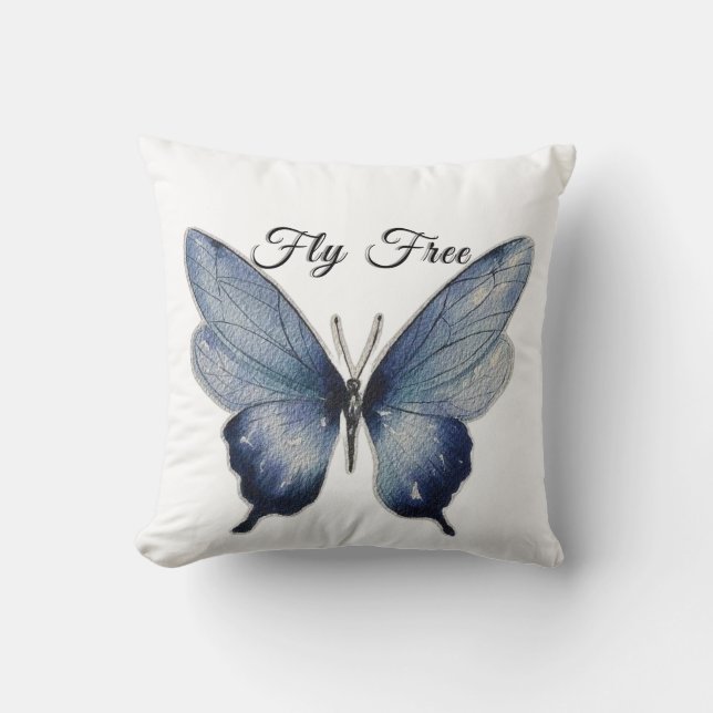 Fly Free – Blue Butterfly Art Design Throw Pillow (Front)