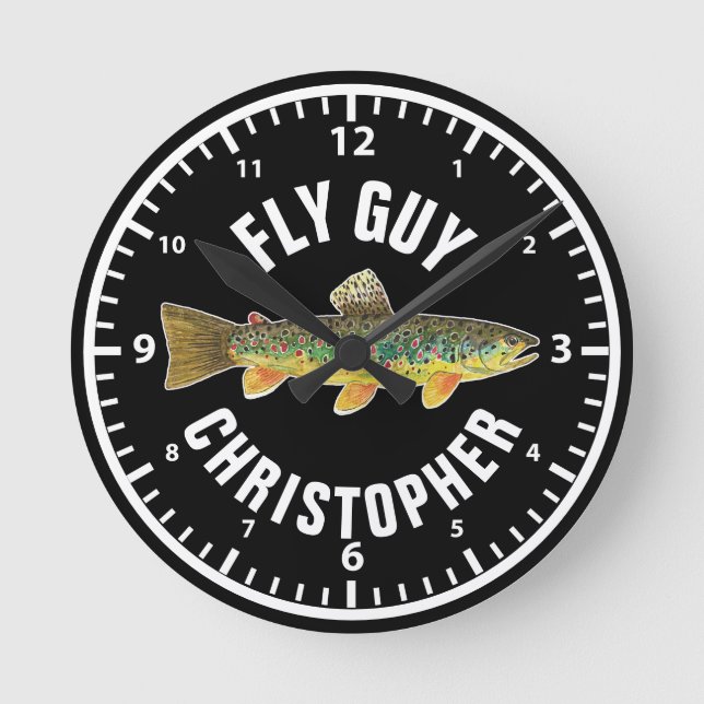 FLY GUY Brown Trout Fishing Personalize Fisherman Round Clock (Front)