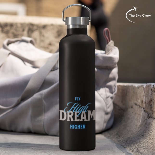 Fly High Dream Higher Aviation Inspirational Typo Water Bottle (Creator Uploaded)