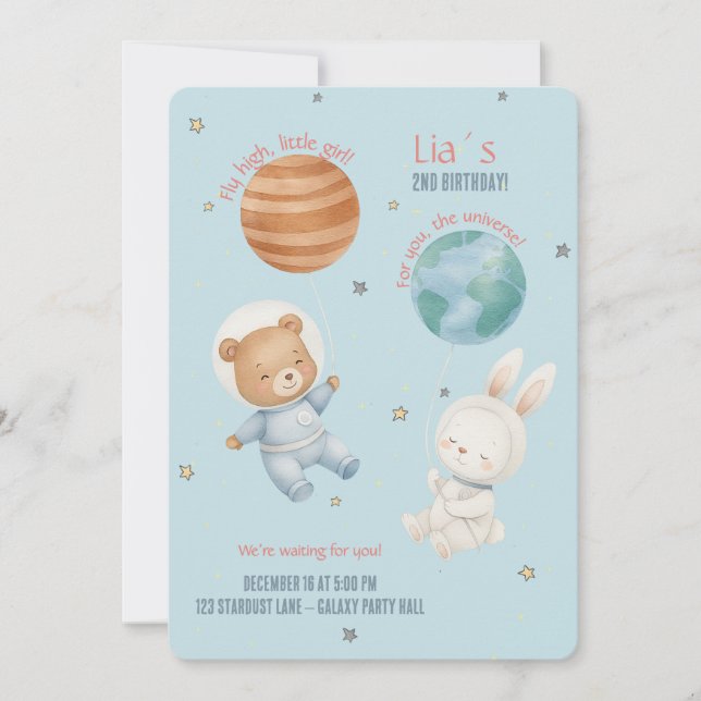 Fly High, Little Astronaut Girl Invitation (Front)