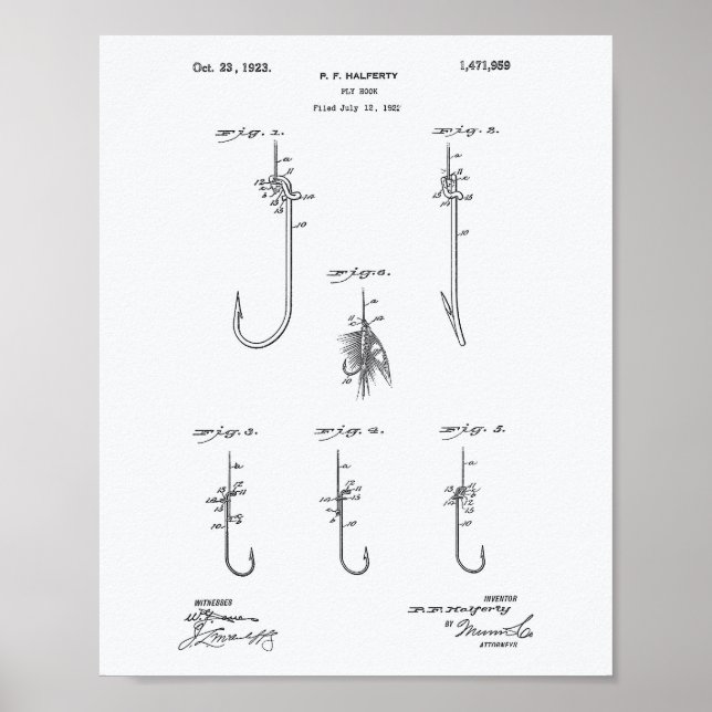Fly Hook 1923 Patent Art White Paper Poster (Front)