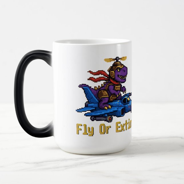 Fly Or Extinct Pixel Art Dinosaur Pilot Fighter Je Magic Mug (Left)