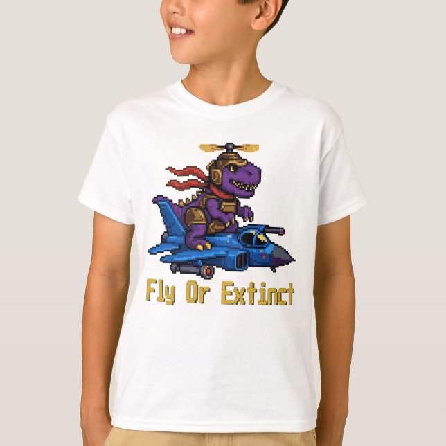 Fly Or Extinct Pixel Art Dinosaur Pilot Fighter Je T-Shirt (Front)
