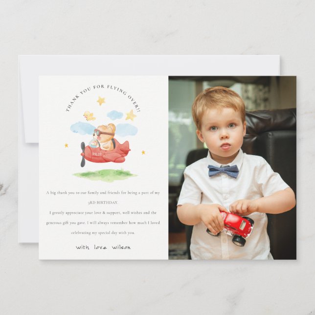 Fly Over Teddy Bear Animal Plane Photo Birthday Thank You Card (Front)