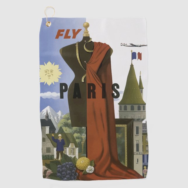 Fly Paris France Vintage Travel Poster Golf Towel (Front)