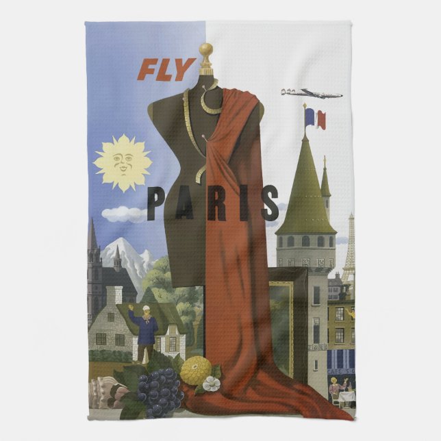 Fly Paris France Vintage Travel Poster Kitchen Towel (Vertical)