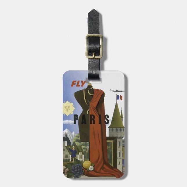 Fly Paris France Vintage Travel Poster Luggage Tag (Front Vertical)