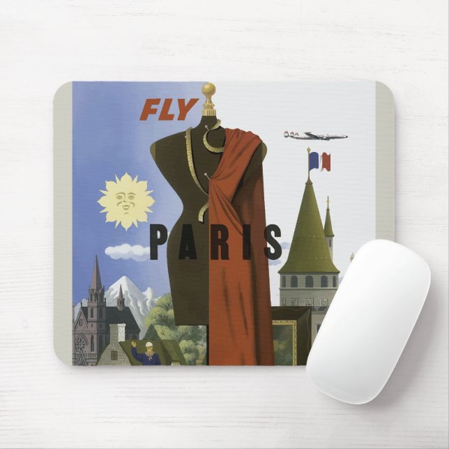 Fly Paris France Vintage Travel Poster Mouse Pad (With Mouse)