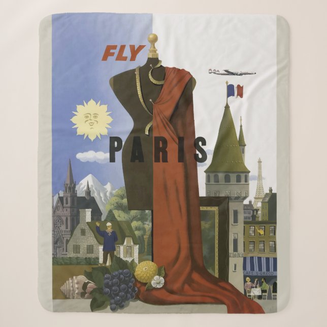 Fly Paris France Vintage Travel Poster Sherpa Blanket (Front)
