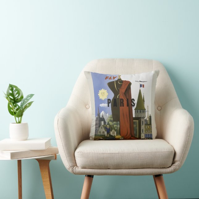 Fly Paris France Vintage Travel Poster Throw Pillow (Chair)