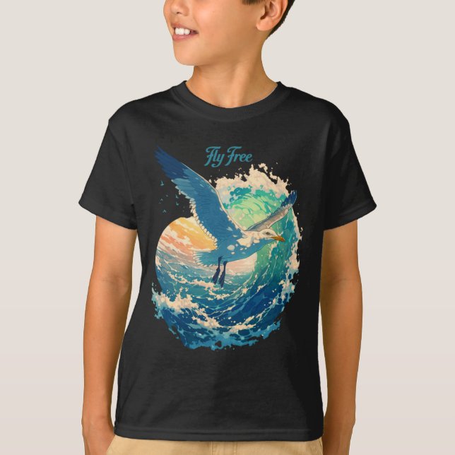 Fly Seagull Ocean Sunset Scene Coastal Performance T-Shirt (Front)