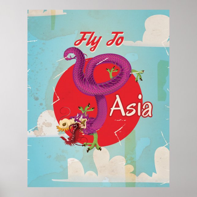 Fly to Asia Vintage Travel Poster (Front)