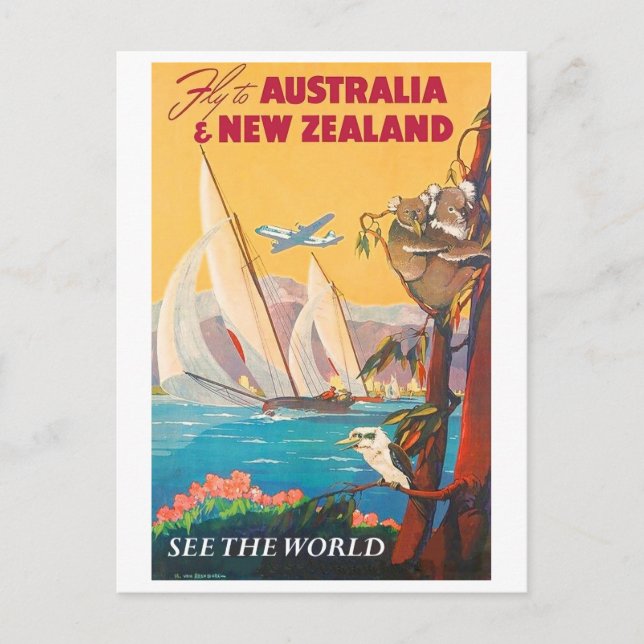 Fly to Australia and New Zealand, see the world Postcard (Front)