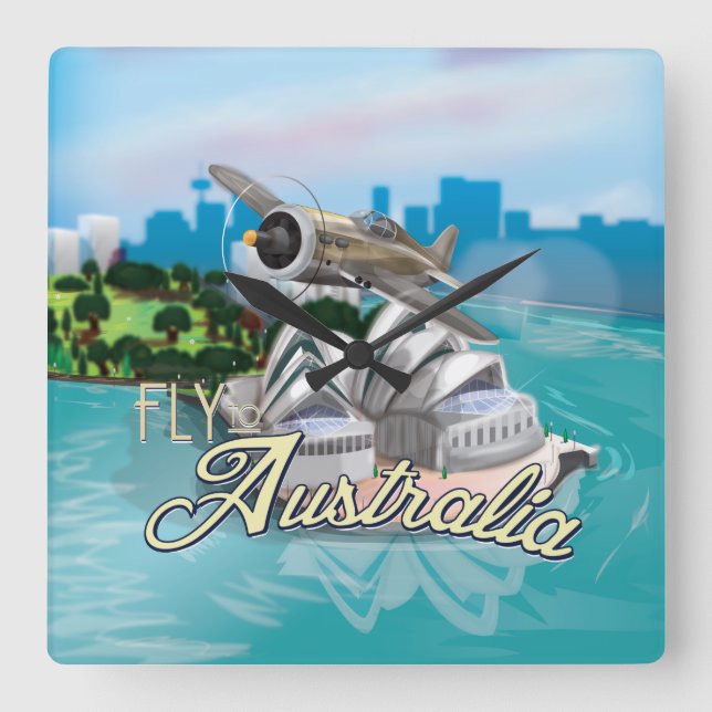 Fly To Australia Travel Illustration Square Wall Clock (Front)