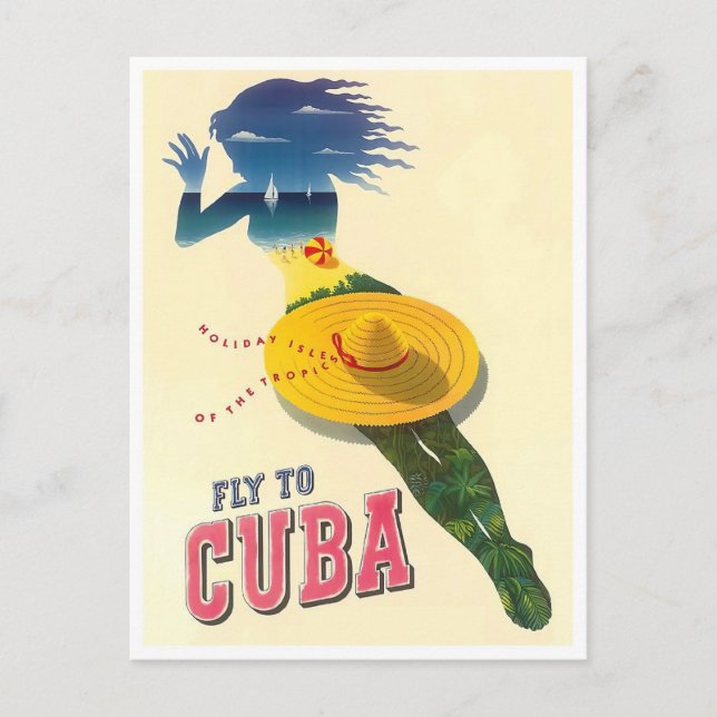Fly to Cuba vintage travel postcard (Front)