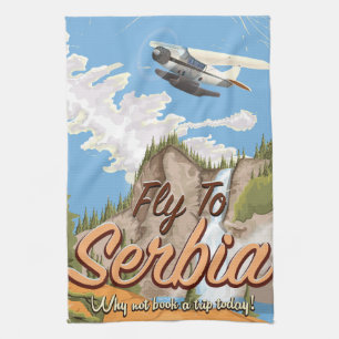 Fly To Serbia Cartoon Travel poster Kitchen Towel
