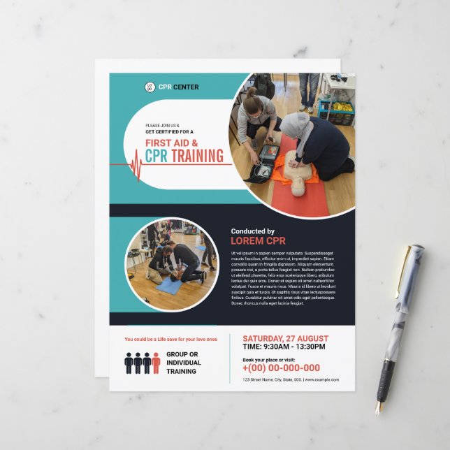 Flyer de formation en RCR | Flyer de premiers soin (Devant/Arrière en situation)
