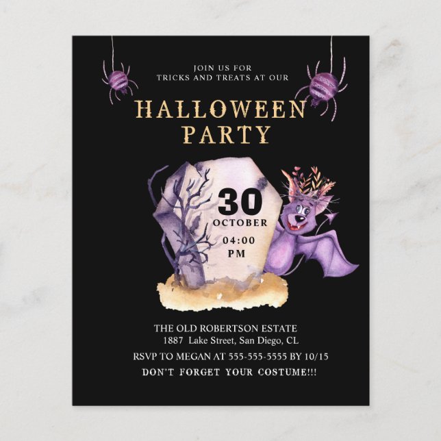 Flyer d'Halloween à la chauve-souris violet budget (Devant)