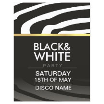flyer for disco party theme with black and white