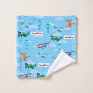 Flying Aircrafts on Blue Sky and White Clouds Boy  Wash Cloth