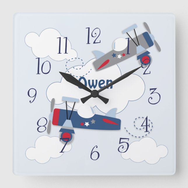 Flying Airplane Adventure Baby Boy Nursery Clock (Front)