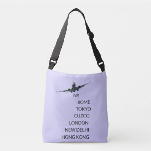 Flying airplane on light periwinkle blue crossbody bag