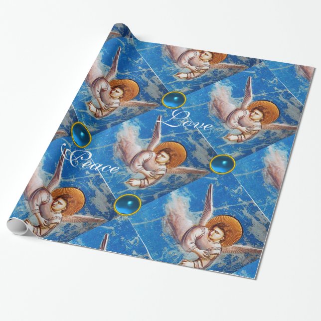 FLYING ANGEL / BLUE GEMS CHRISTMAS JOY PEACE LOVE WRAPPING PAPER (Unrolled)