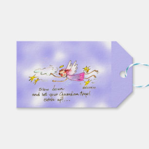 Flying angel in purple, gold stars says slow down  gift tags