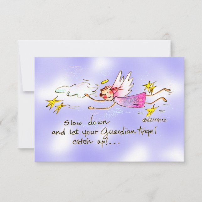 Flying angel in purple, gold stars says slow down thank you card (Front)