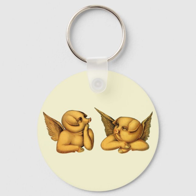 Flying Angel Pigs with wings Fantasy Animals Art Keychain (Front)