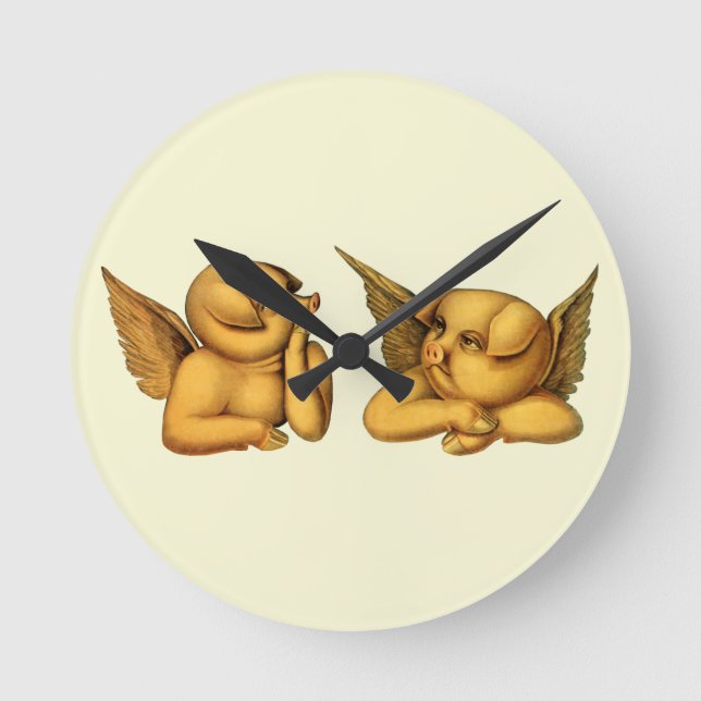 Flying Angel Pigs with wings Fantasy Animals Art   Round Clock (Front)