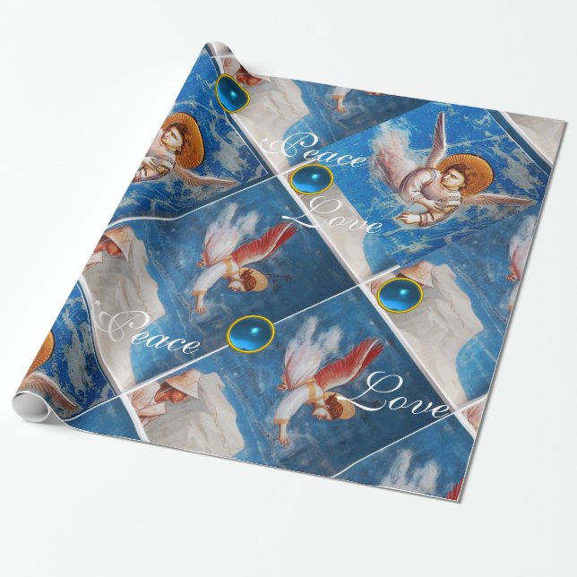 FLYING ANGELS / BLUE GEMS CHRISTMAS JOY PEACE LOVE WRAPPING PAPER (Unrolled)
