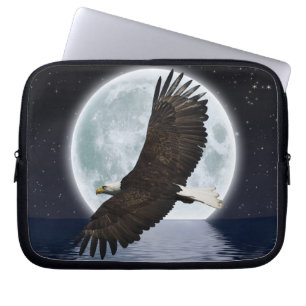 Flying Bald Eagle, Full Moon Wildlife Night Photo Laptop Sleeve