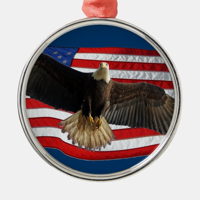 Flying Bald Eagle USA Patriotic Gift Metal Ornament (Front)
