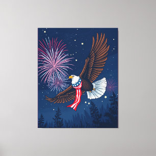 Flying Bald Eagle with USA Flag Scarf & Fireworks  Canvas Print