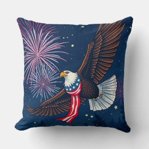 Flying Bald Eagle with USA Flag Scarf & Fireworks  Throw Pillow
