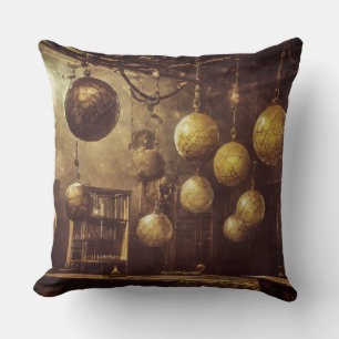 Flying balls, in an steampunk laboratory throw pillow