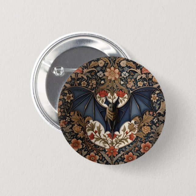 Flying Bat - Modern William Morris Floral  2 Inch Round Button (Front & Back)