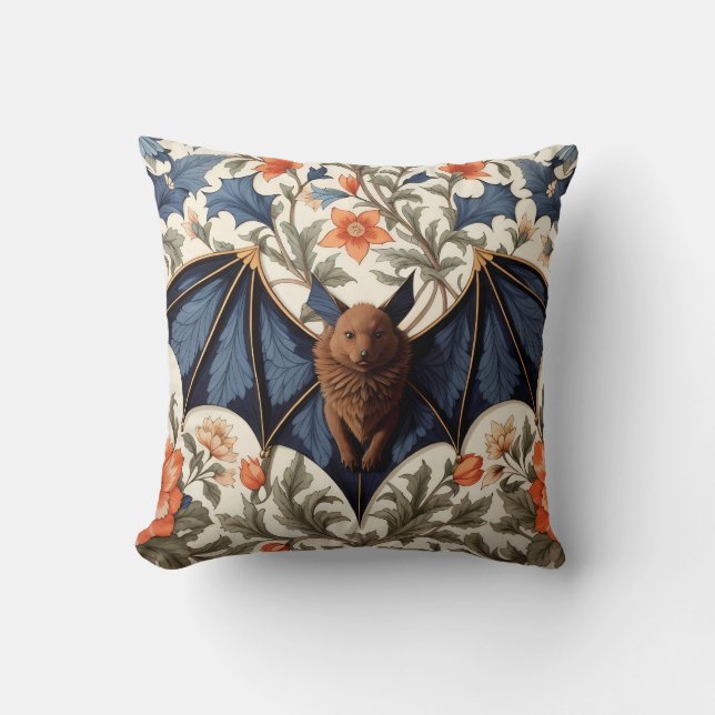 Flying Bat William Morris Inspired Floral Throw Pillow (Front)