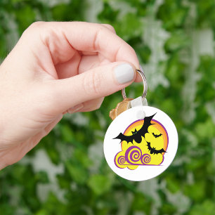 Flying Bats Halloween Night Full Moon Swirls Keychain