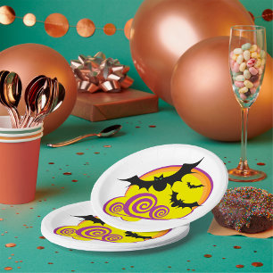 Flying Bats Halloween Night Full Moon Swirls Paper Plate