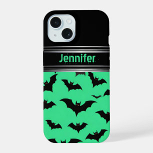 Flying Bats on Green: Spooky Halloween Vibes iPhone 15 Case