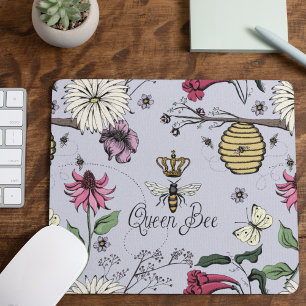 Flying Bees Queen Bee Gold Crown Floral Purple Mouse Pad